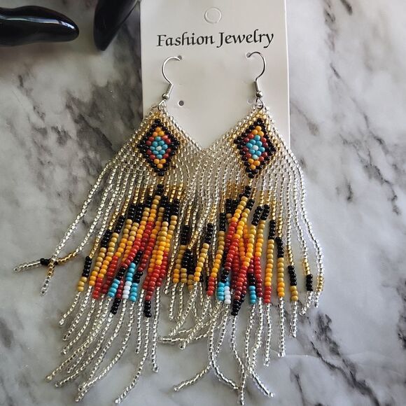 Handmade Native American-Style Beaded Tassel Fashion* Earrings Extra Long 1 pair - Picture 5 of 17